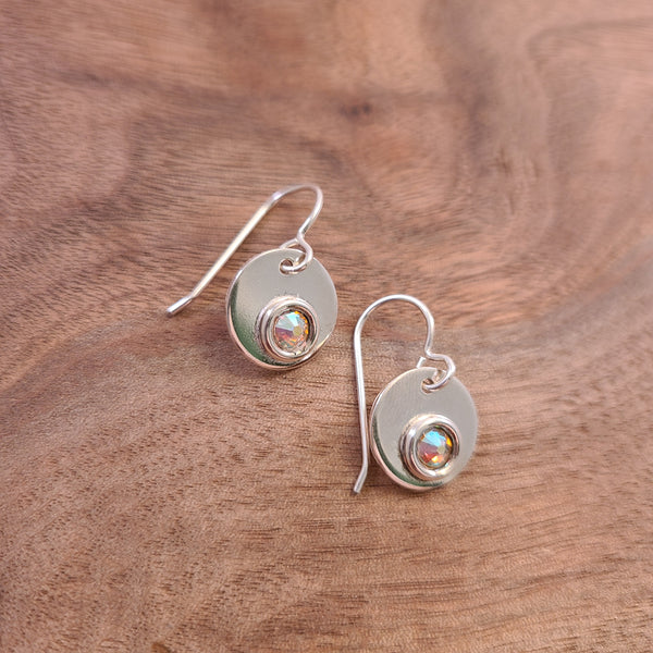 Duris - Earrings - Stamped Round  Silver Charms w/ Swarovski Crystal