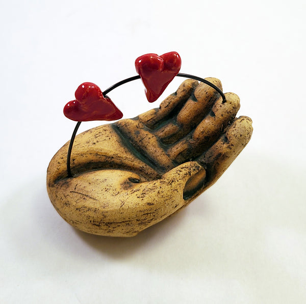 Broski - Sculpture Hand Holding Two Red Hearts on Wire