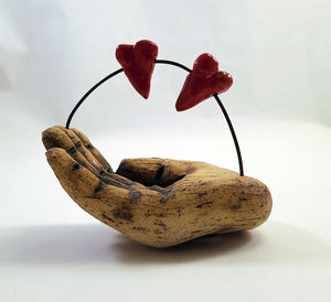 Broski - Sculpture Hand Holding Two Red Hearts on Wire