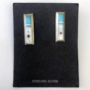 Veronica Benally - Earrings - Sterling Silver Rectangle Post Pearl and Turquoise w/ Coral Dot Inlay