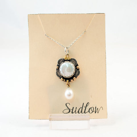 Sudlow - Necklace - Pearl and Gold Necklace w/ Pearl Dangle