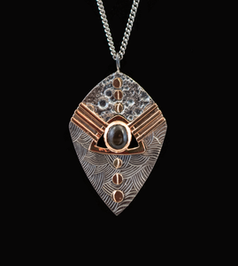 C. J. Calhoun - Necklace - Moon Phases - Oxidized Silver/10 Karat Rose Gold/10 Karat Yellow Gold/Black Star Sapphire, Hand Engraved