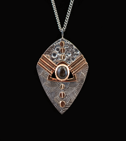 C. J. Calhoun - Necklace - Moon Phases - Oxidized Silver/10 Karat Rose Gold/10 Karat Yellow Gold/Black Star Sapphire, Hand Engraved