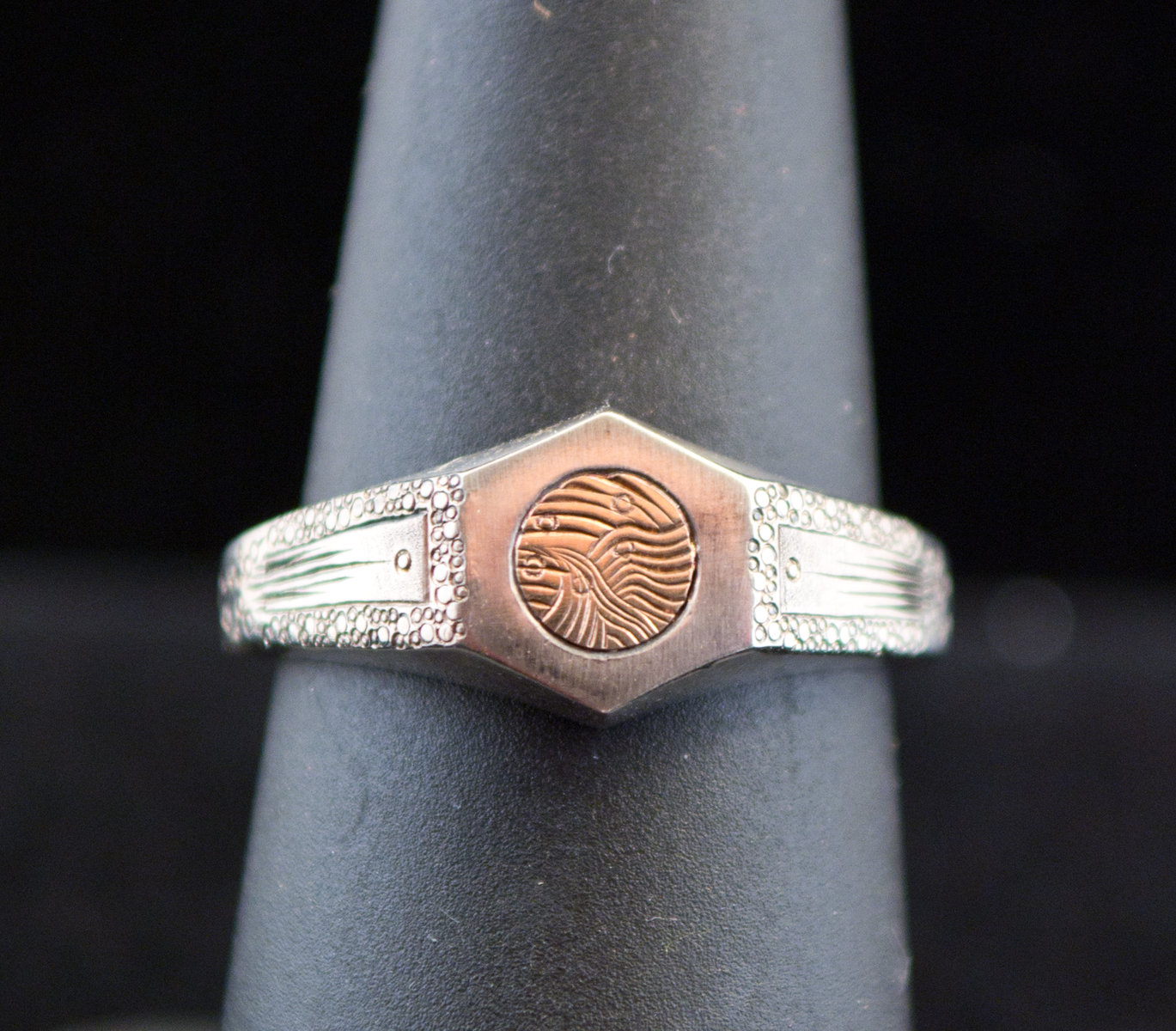 C. J. Calhoun - Ring - Hex Frame - Sterling Silver/14 Karat Yellow Gold, Hand Engraved