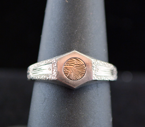 C. J. Calhoun - Ring - Hex Frame - Sterling Silver/14 Karat Yellow Gold, Hand Engraved