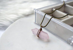 Edgy Petal - Necklace - "Maleficent" -  Geometric Wrapped Rose Quartz Crystal