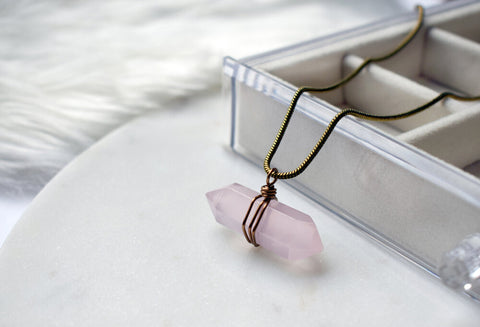 Edgy Petal - Necklace - "Maleficent" -  Geometric Wrapped Rose Quartz Crystal