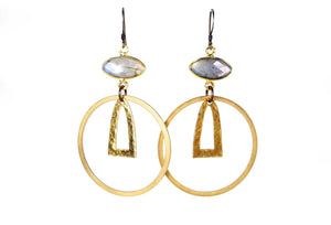 Edgy Petal - Earrings - Labradorite Marquis with Geometric Brass Circle - LE-14