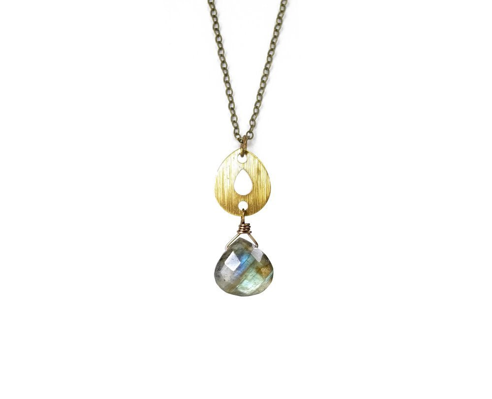 Edgy Petal - Necklace - Labradorite Textured Brass Teardrop Pendant  - L-87