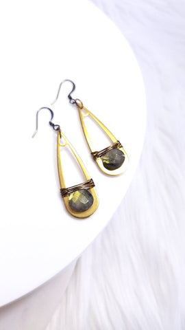 Edgy Petal - Earrings - Elongated Brass Teardrop (Labradorite) #LE-8