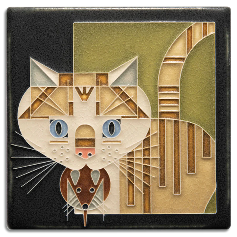 Motawi Tileworks - 6" x 6" Tile - 'Barn Kitty' (Green) #6675