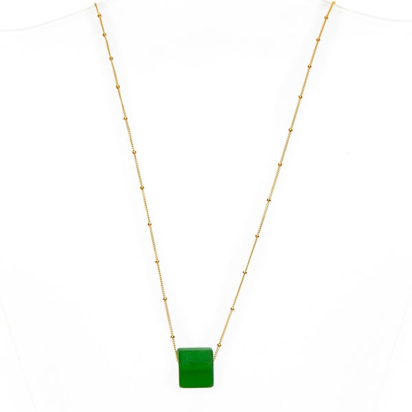 Smart Glass Recycled Jewelry - Necklace - Recycled Bottle Glass Cube w/ Seaglass Finish - Assorted Colors - (Cube012)