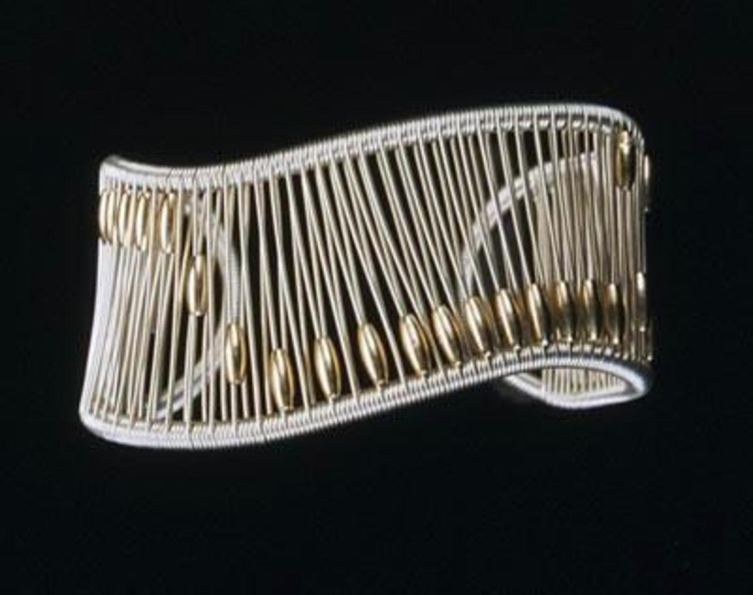 Acton - cuff 1 1/16" sterling silver wave with medium long gold fill tube beads