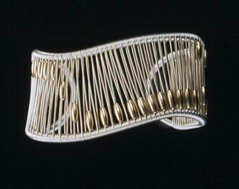 Acton - cuff 1 1/16" sterling silver wave with medium long gold fill tube beads