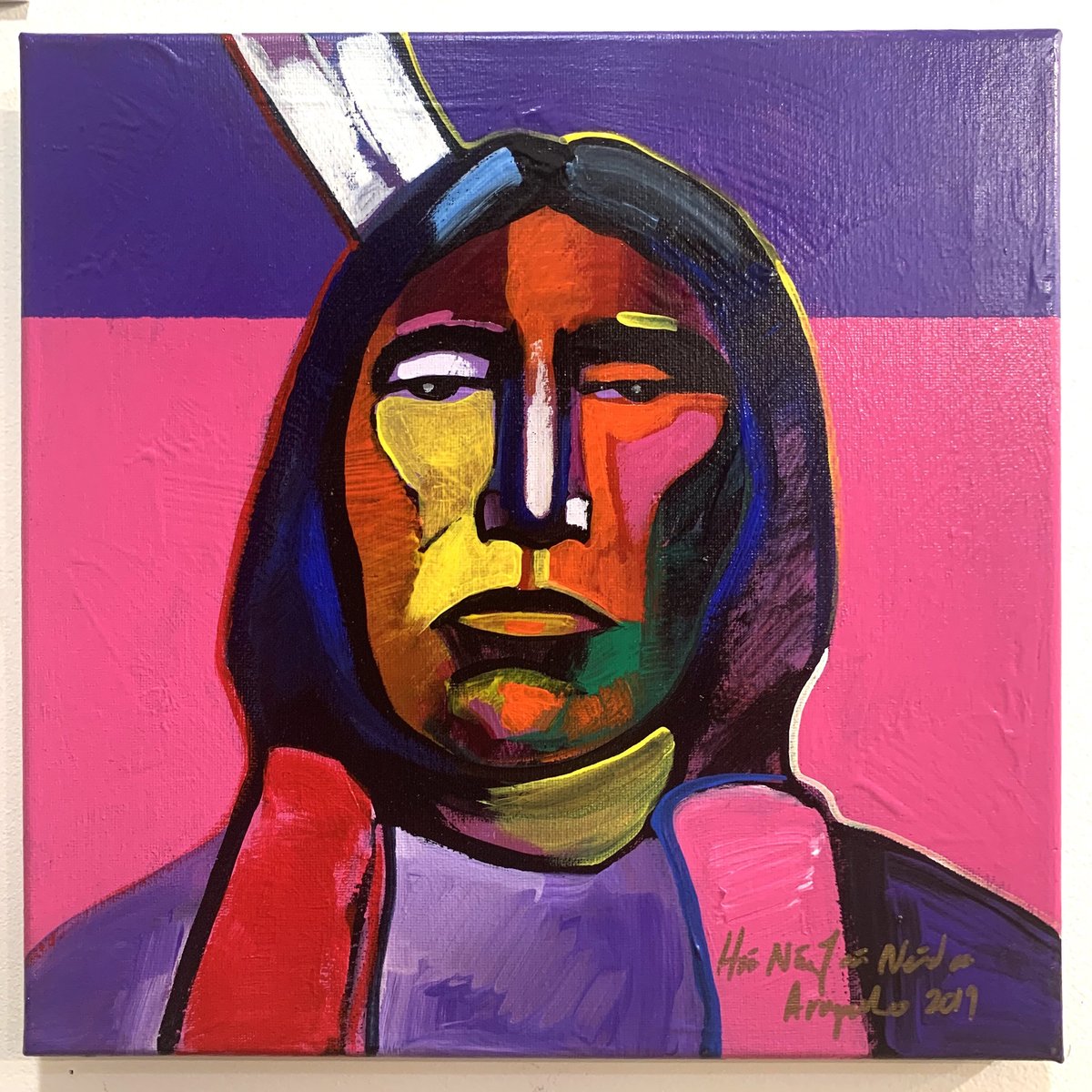 Learned - Painting - Untitled - Face w/ Pink and Purple Background - 12 x 12