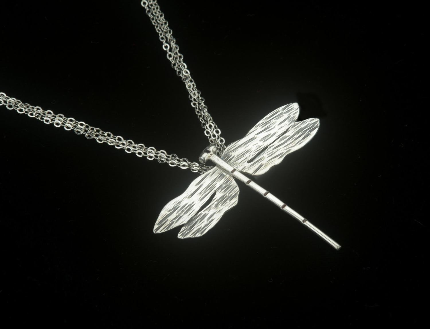Char Z Silver Jewelry - Necklace - Large SS Hammered/Textured Dragonfly w/ Triple Chain